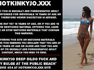 Fisting Hotkinkyjo deep dildo fuck and belly bulge at public beach